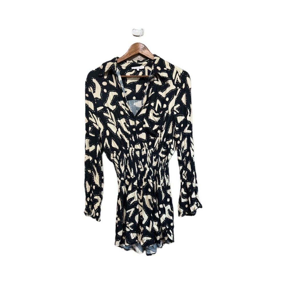 Olivaceous Romper Women Medium Black Cream Abstract Smocked Waist Excellent M